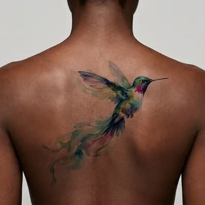 watercolour tattoo on a dark-skinned back