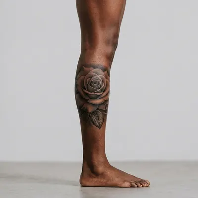 black and grey realism tattoo on a dark-skinned leg